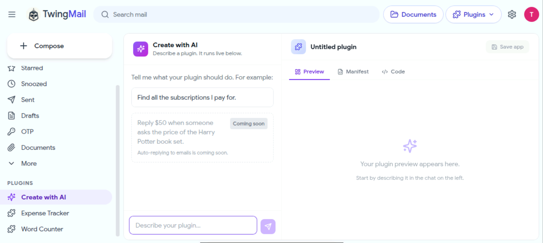 Create with AI: describe a plugin in plain English and it runs live in Twing mail